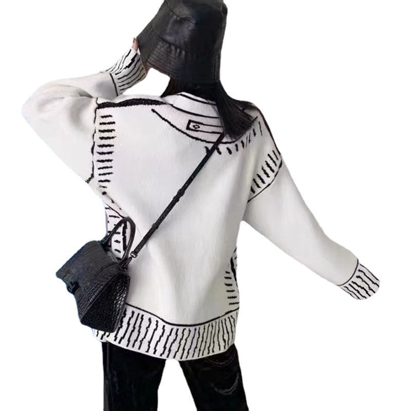Oversized Black and White Graphic Doodle Knit Cardigan