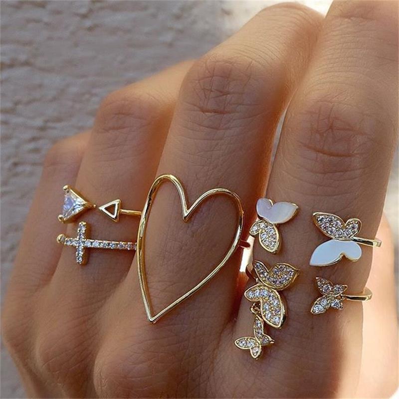 5-Piece Cross, Triangle, Heart Hollow-Out Drop Oil Butterfly Ring Set