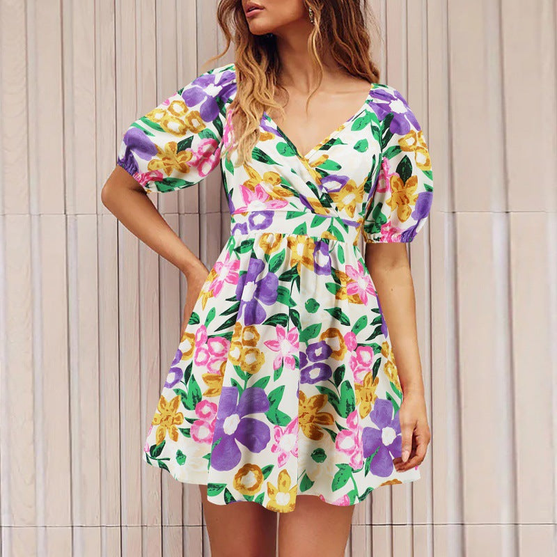 V-Neck Sleeveless Floral Print Suspender Dress