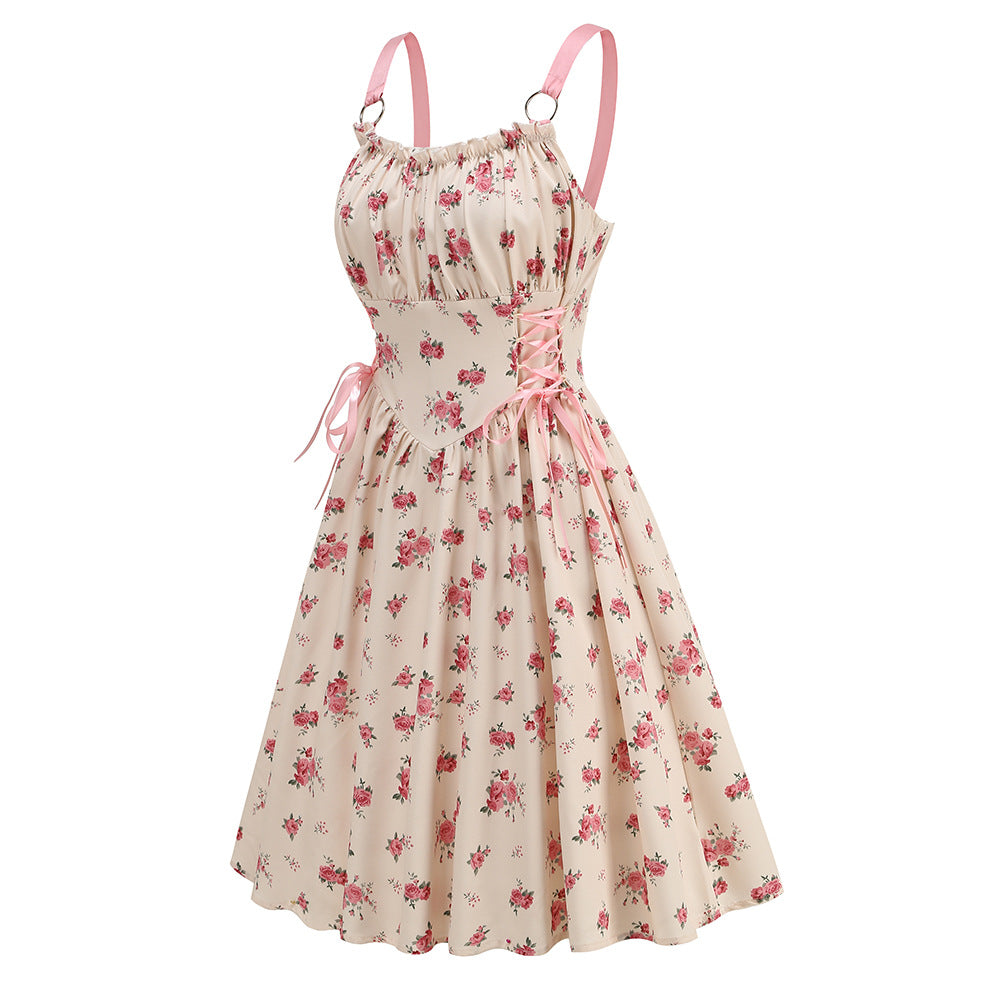 legant Floral Print O-Ring Strap Slimming Party Dress