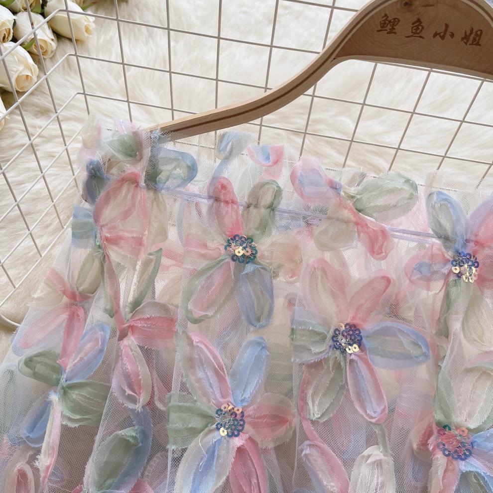 Fairy One-Shoulder Long Sleeve 3D Flower Mesh Shirt
