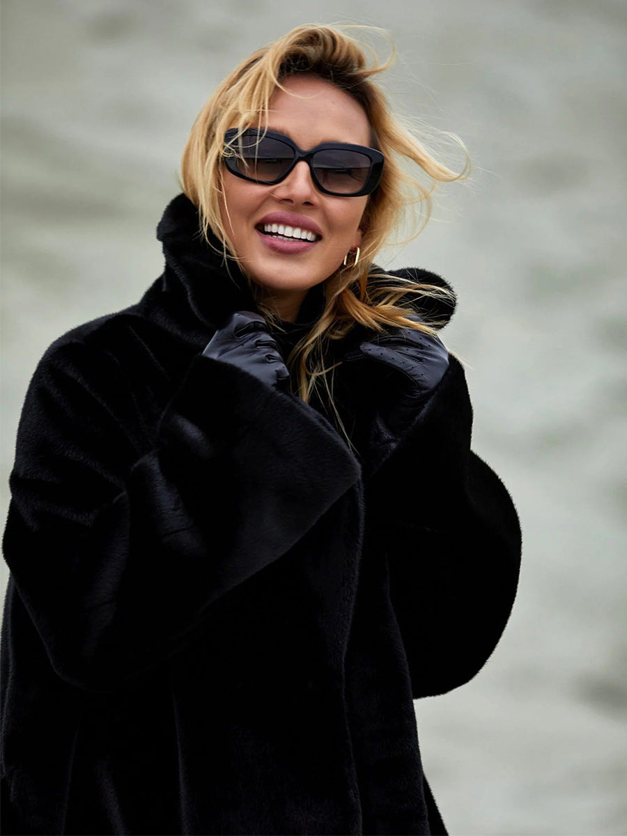 Women's Long Plush Fur Coat with Belted Waist & Notched Lapel