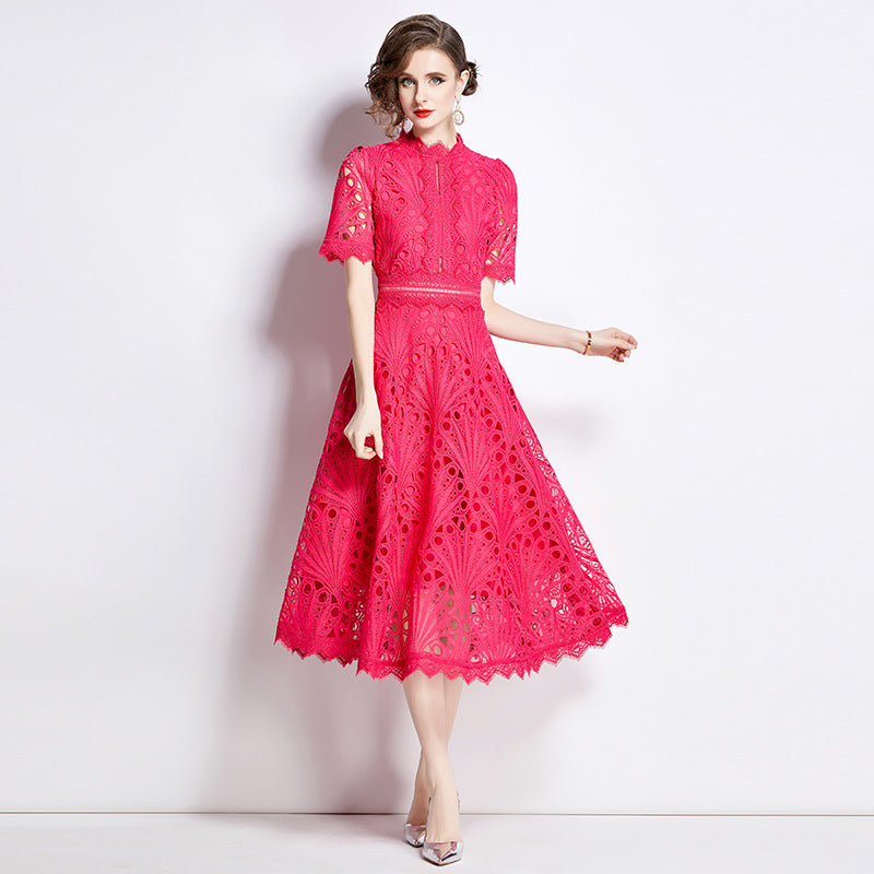 Elegant Round Neck Summer Midi Length Lace Dresses