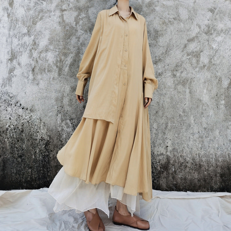 Ethnic Vintage Linen Designed Long Shirt Dresses-Dresses-Khaki-L-Free Shipping at meselling99