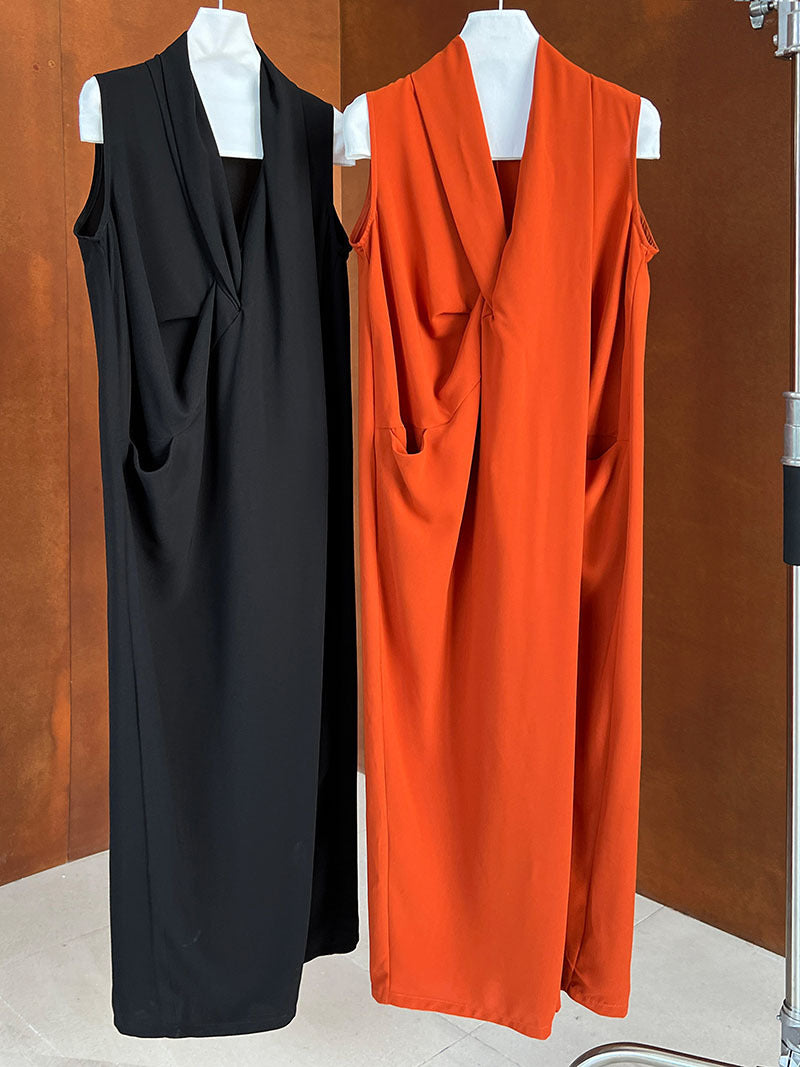 Women's V-Neck Sleeveless Twist Knot Long Dress-Pumpkin color-M-Free Shipping Leatheretro