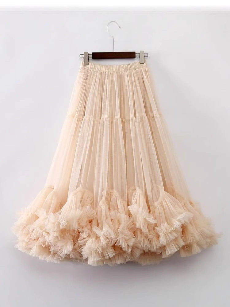 Layered Tulle Skirt with Floral Lace Trim-black-One Size-Free Shipping Leatheretro