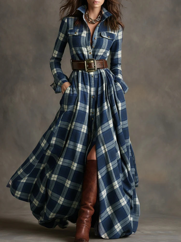 Plus Size French Vintage Plaid Slimming Irregular Hem Dress