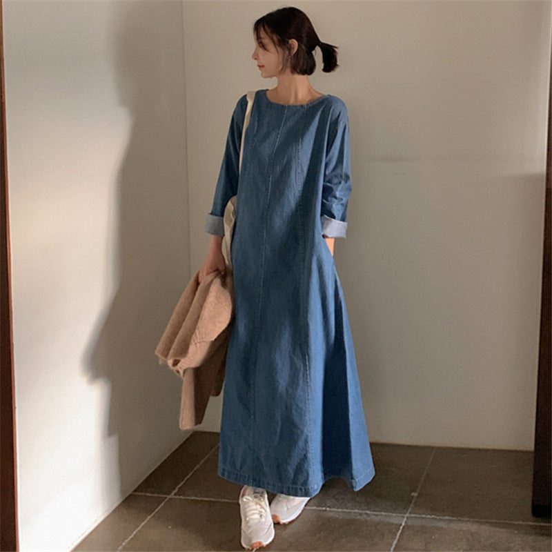 Casual Simple Design Denim Long Cozy Dresses-Dresses-Free Shipping at meselling99