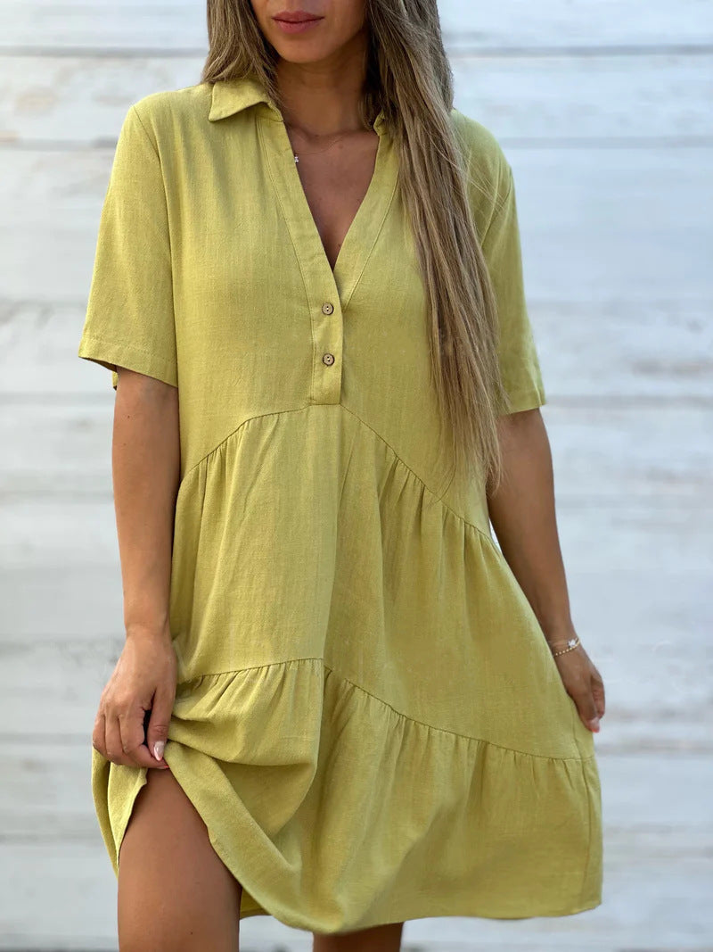 Women's Loose Fit Solid Color Lapel Casual Short Sleeve Linen Blend Dress