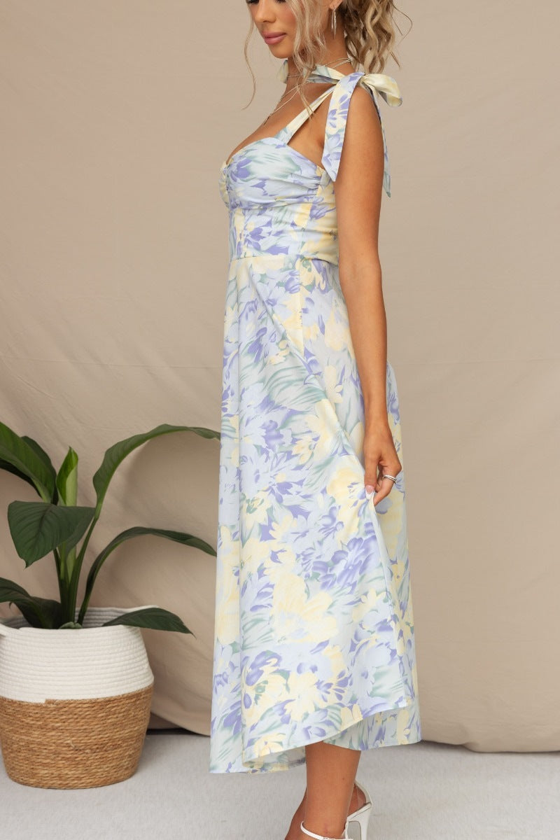Summer Floral Print V-Neck Wrap Waist Midi Dres