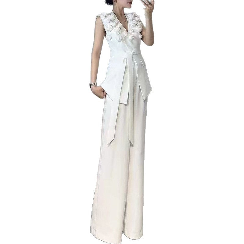 Designed Women's Fashion Floral Patchwork Sleeveless Tie-Front Vest & High-Waisted Wide-Leg Trousers Set