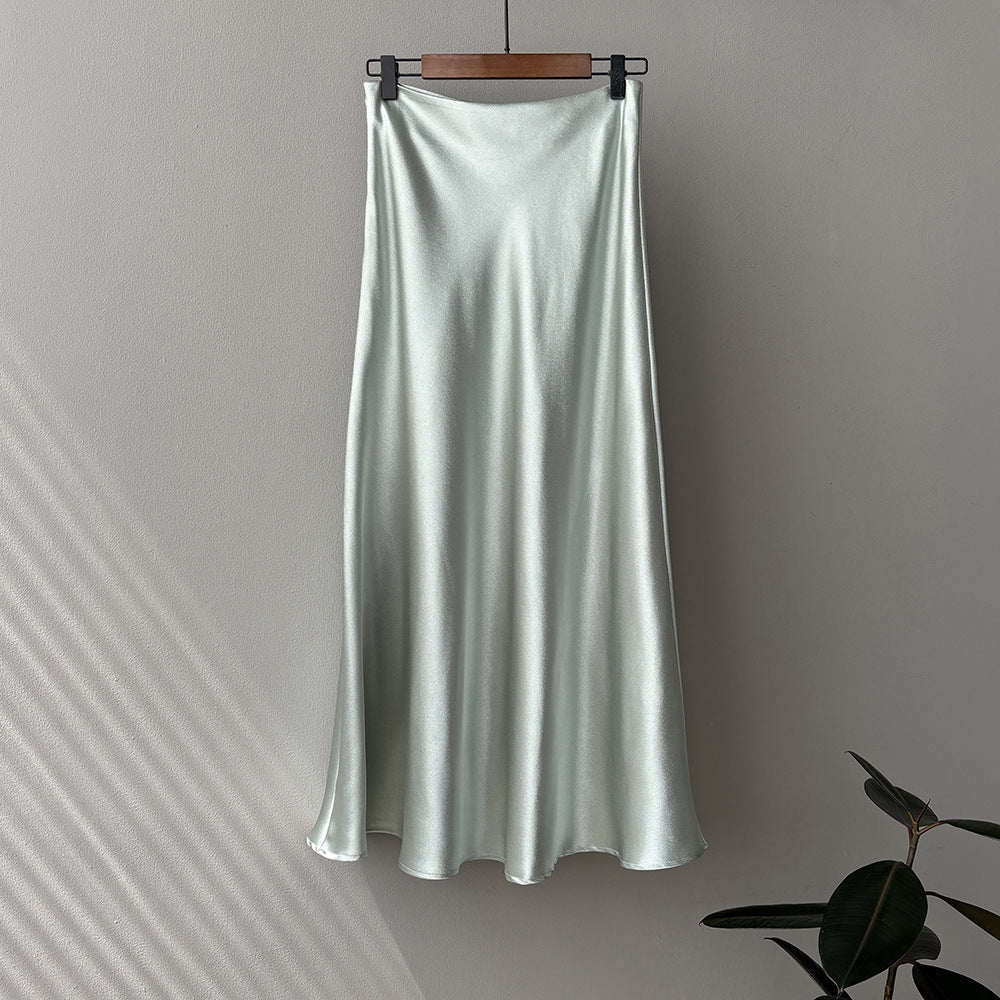uxury Satin Midi Skirt – High Waist Bodycon Fishtail Skirt with Textured Detail-Green-M-Free Shipping Leatheretro