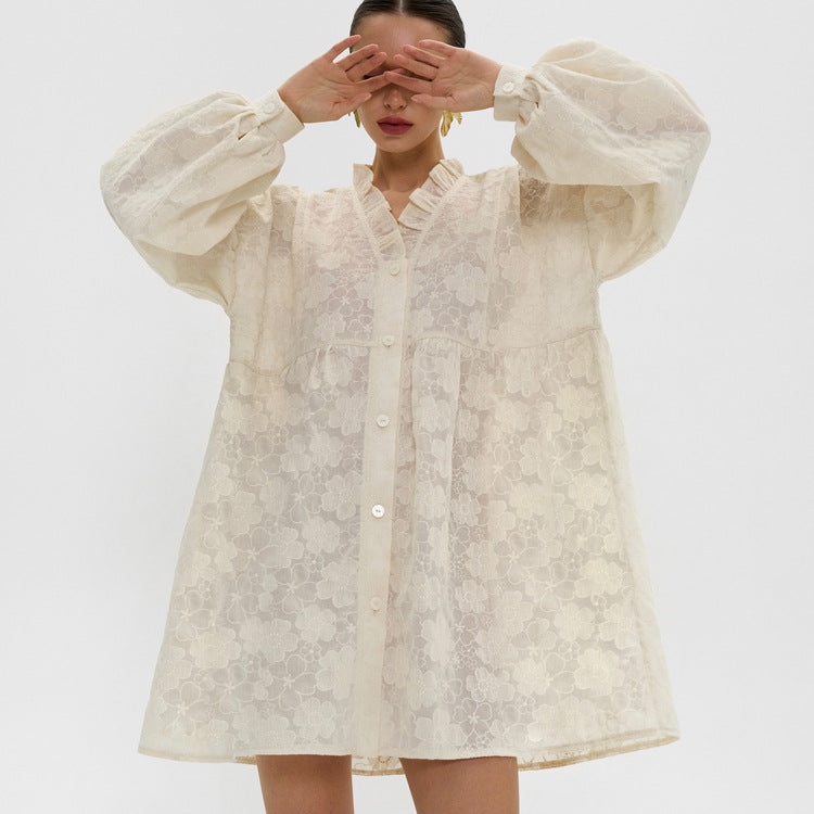 Sweetheart Jacquard Lace Shirt Dresses