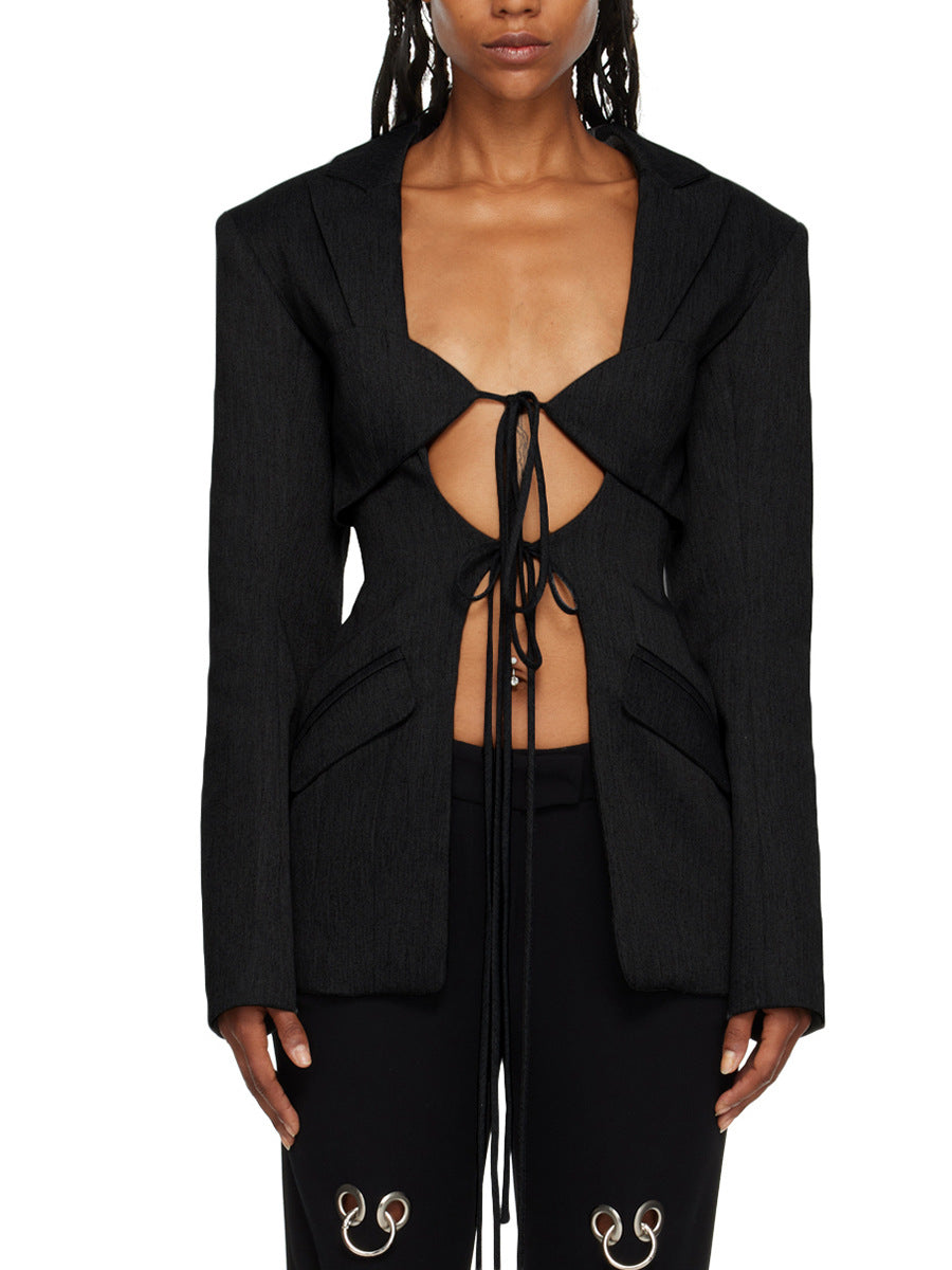 Women's Designer V-Neck Lace-Up Belted Asymmetrical Blazer Jacket