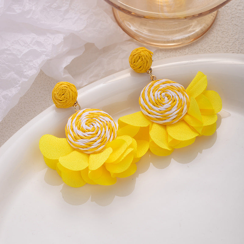 Beach Boho Raffia Flower Hook Earrings