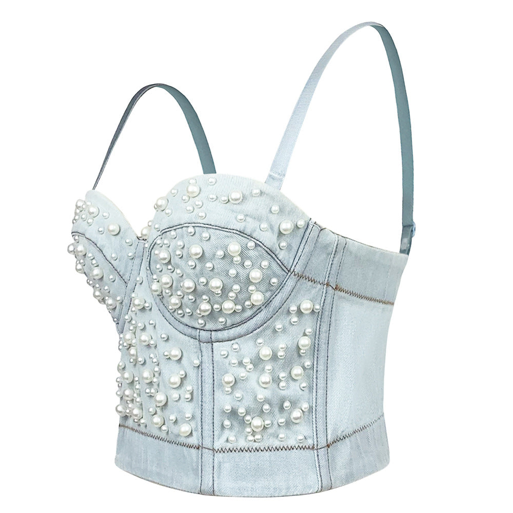 Sexy Women's Denim Bustier Top – Pearl Embellished Strappy Cropped Corset Vest