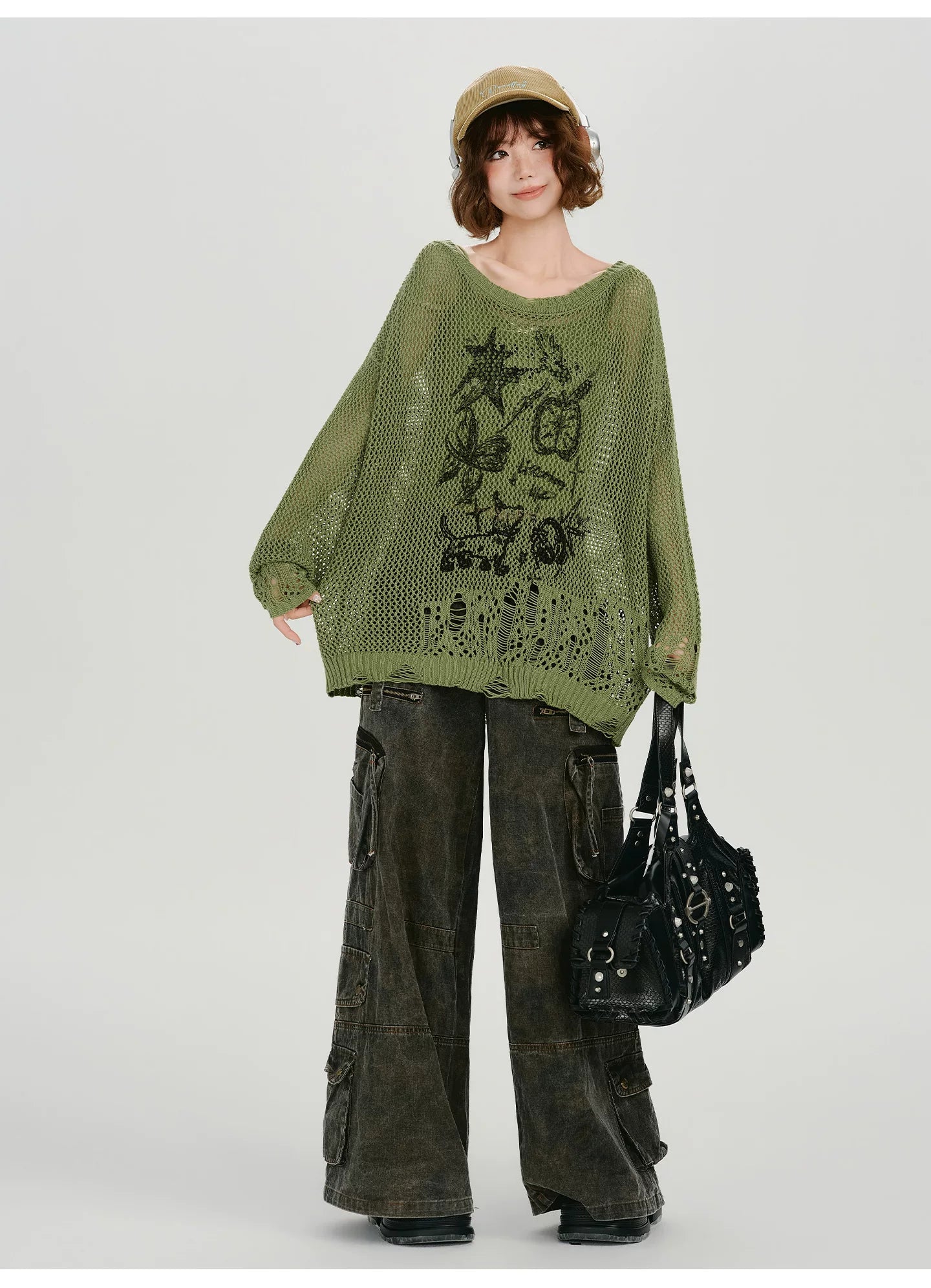 Girlyhalo Retro Y2K Printed Hollow-Out Knit Top