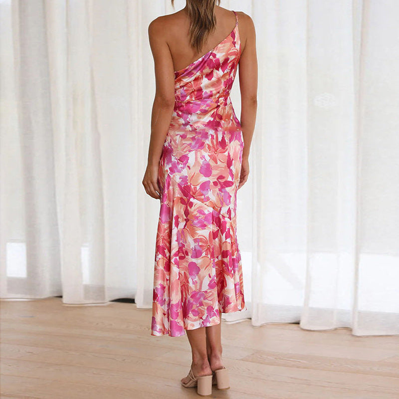 Sexy One Shoulder Pink Flowers Long Dresses