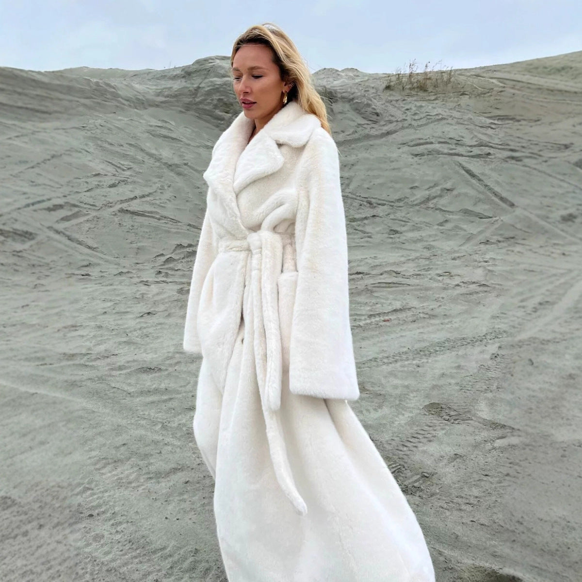 Women's Long Plush Fur Coat with Belted Waist & Notched Lapel