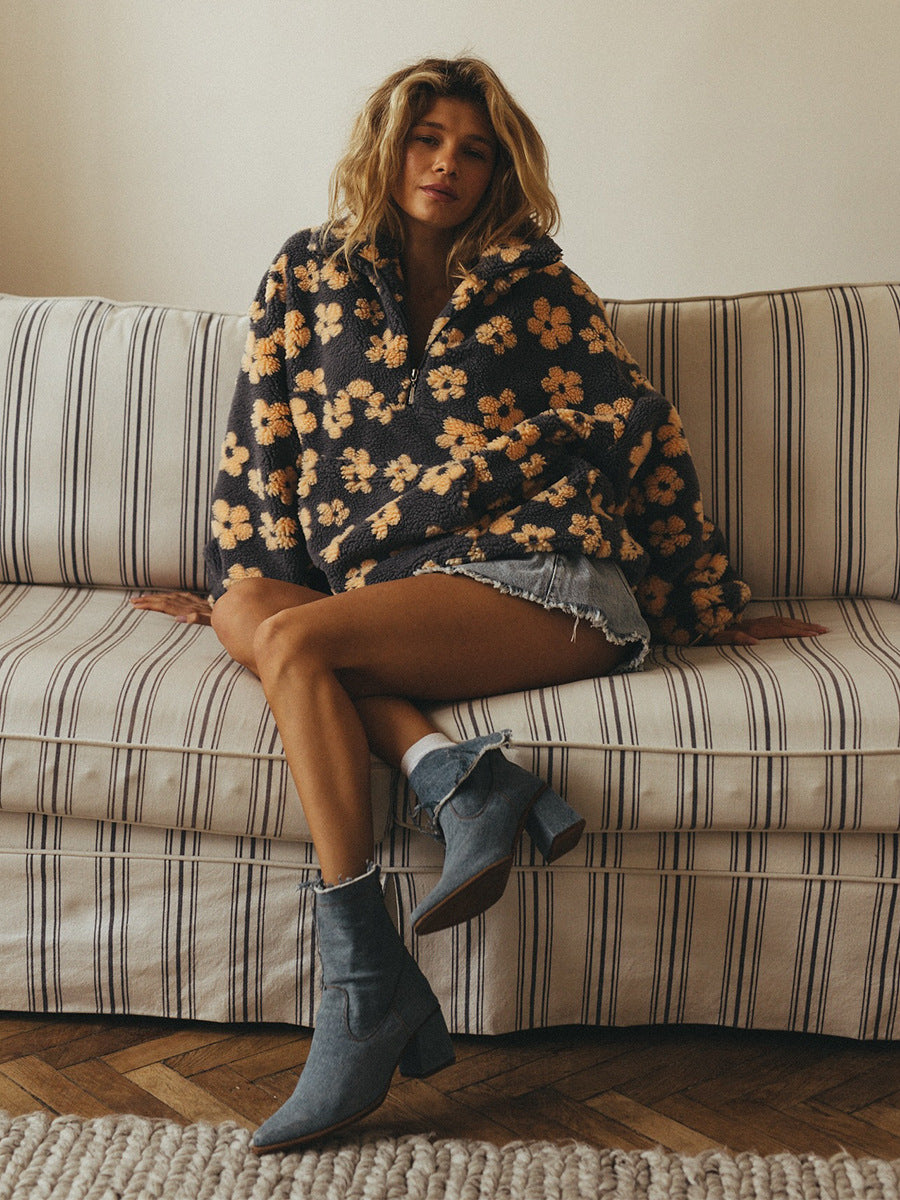 Women's Floral Print Sherpa Hoodie