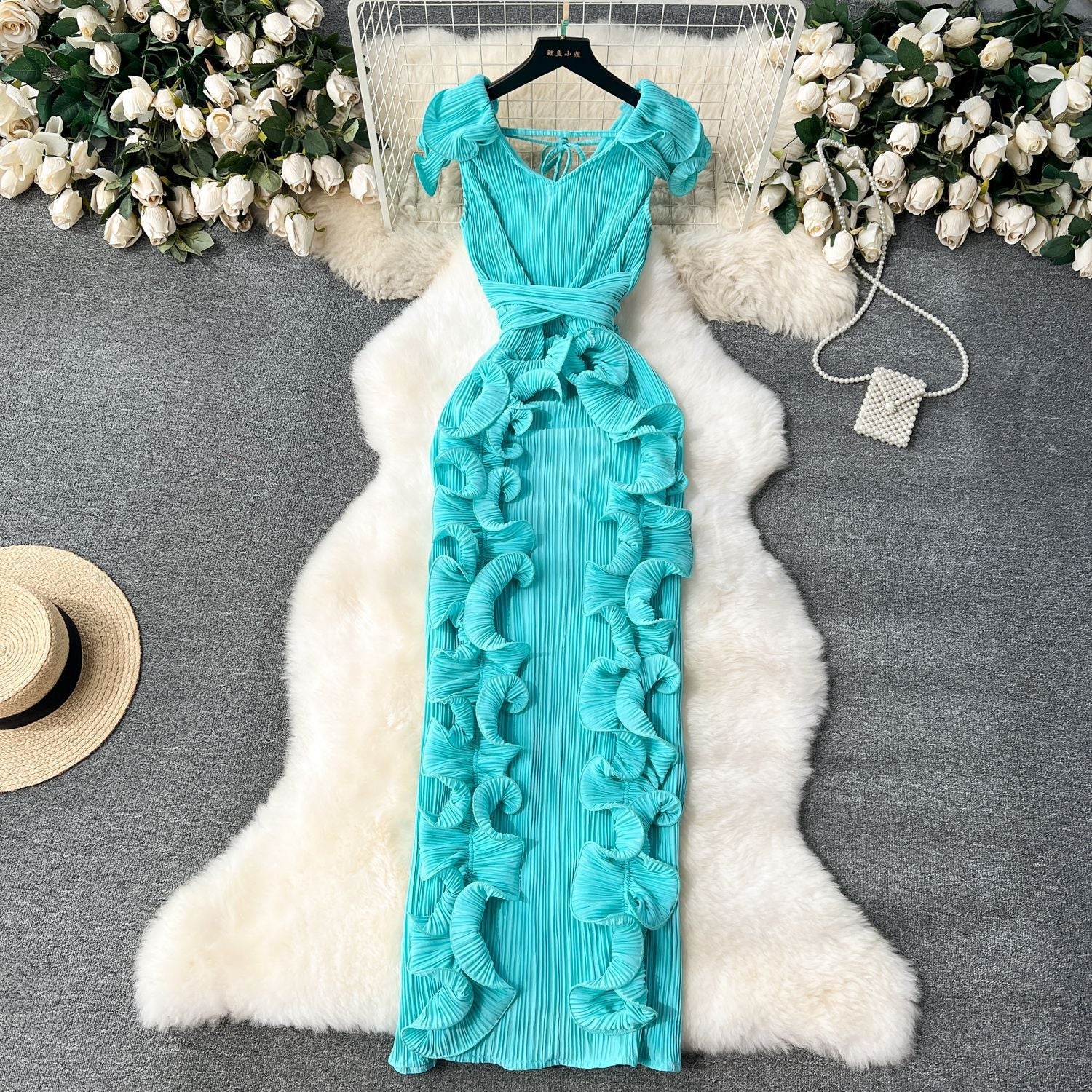 High-End Pleated Dress – Luxury Women's Designer Ruffle Hem Slim Fit Long Maxi Dress