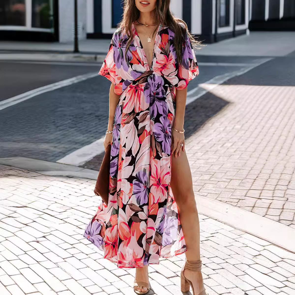 Women's Summer New Fashion Sexy High Waist Floral Print Slit Dress