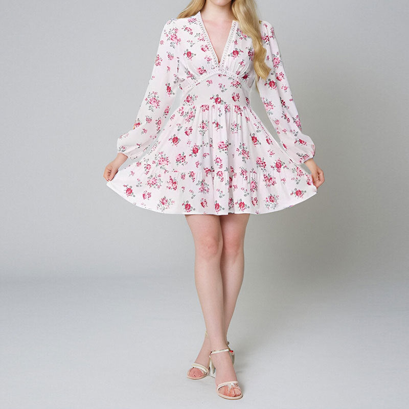 Sweet & Elegant Floral Print V-Neck Lace Dress