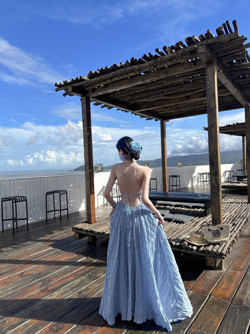 Summer Waves Blue Backless Maxi Dress