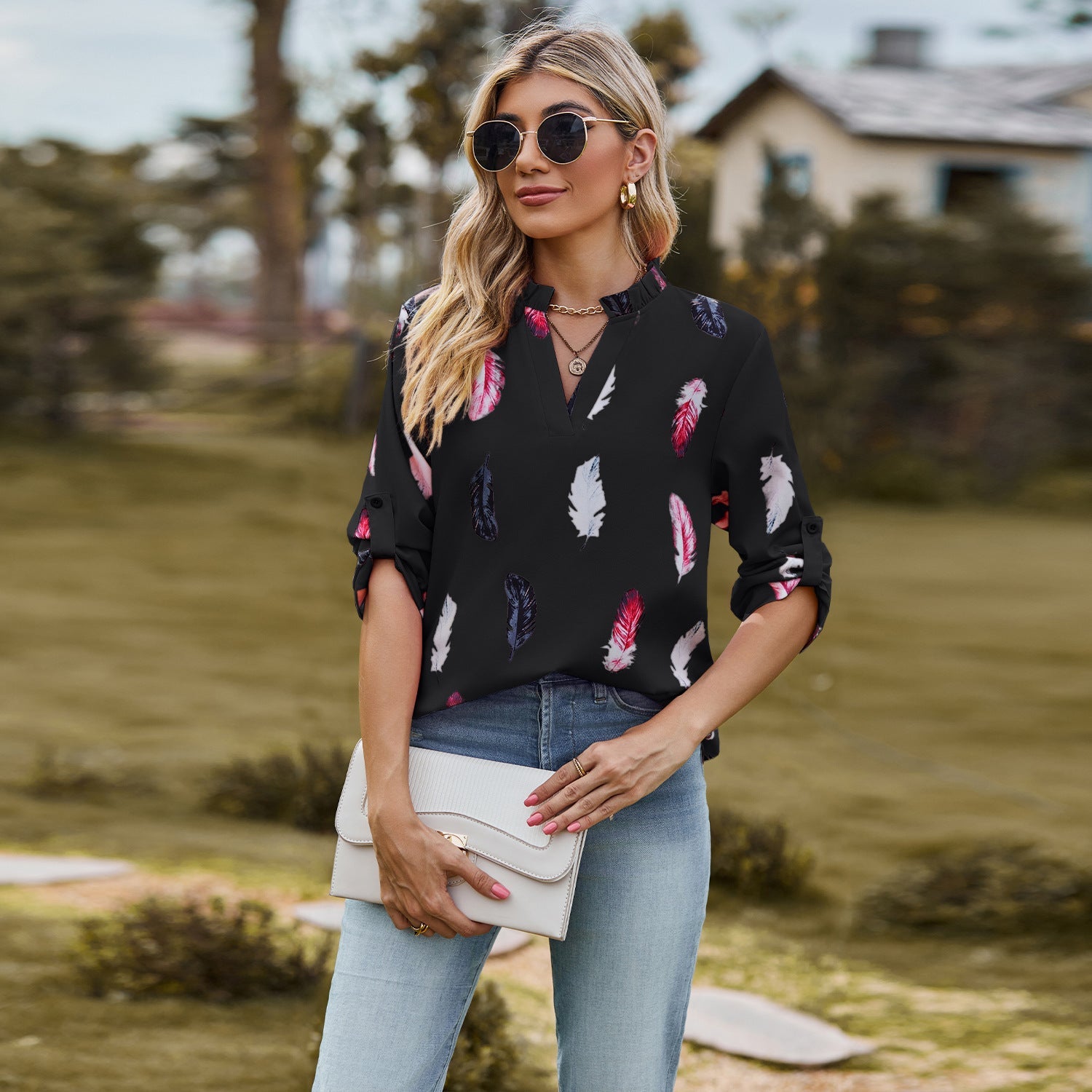 Casual Summer Feather Print 3/4 Sleeves Shirts