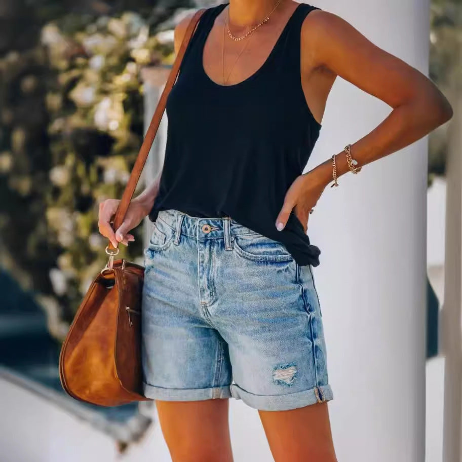 Women's Casual Distressed Washed Denim Shorts