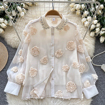 Beaded 3D Floral Mesh Shirt