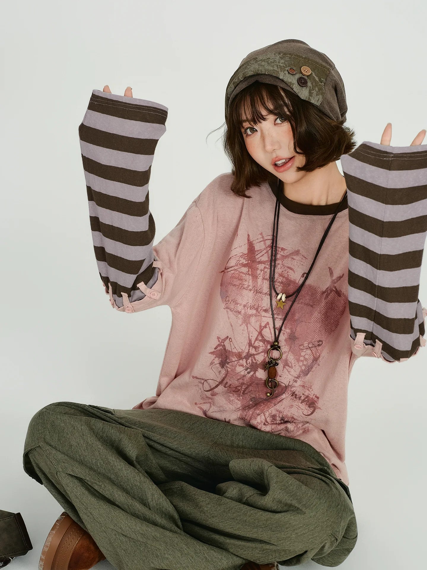 Girlyhalo Retro Vintage Two-Tier Layered Long Sleeve T-Shirt for Women