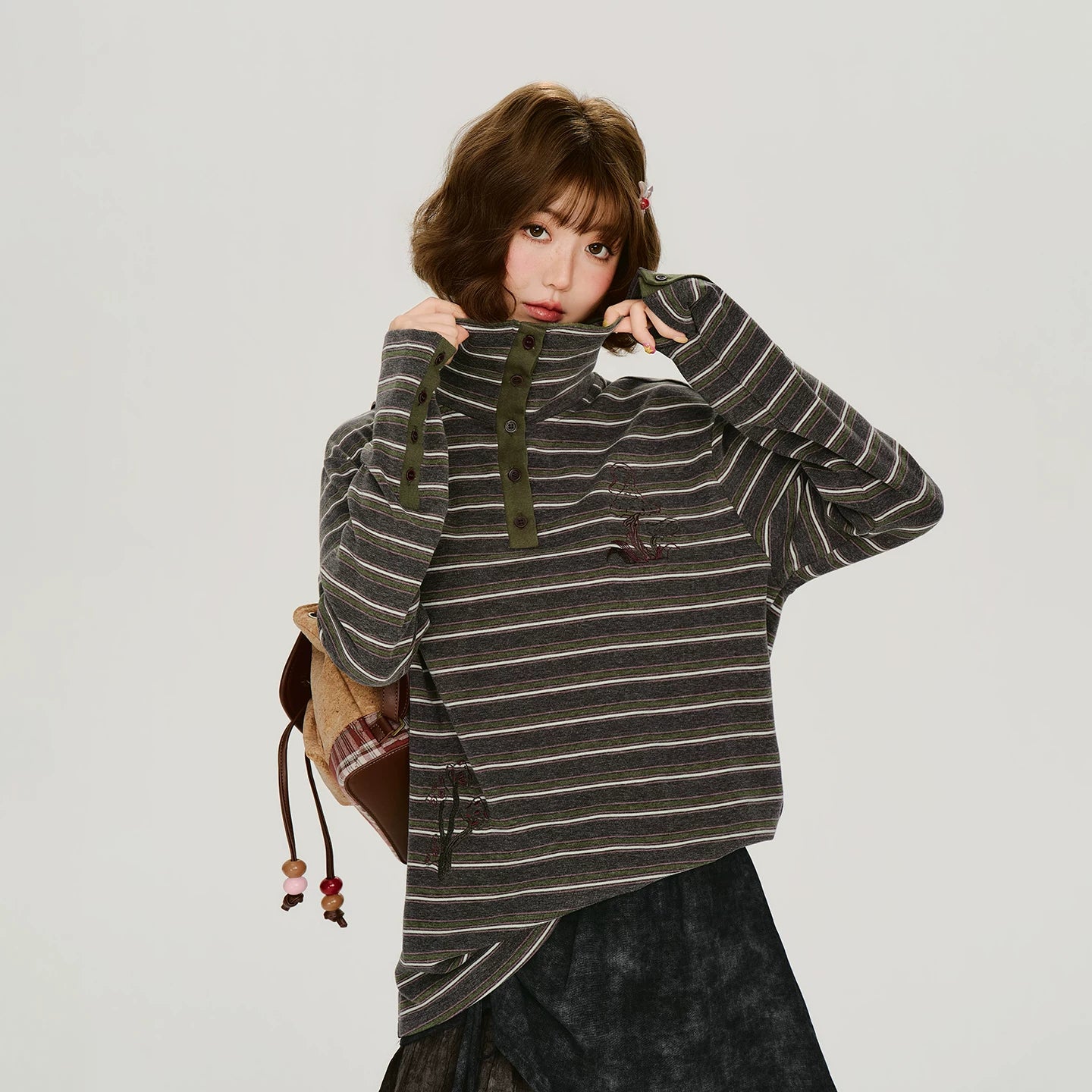 Girlyhalo Vintage High Neck Striped Long Sleeve Tee