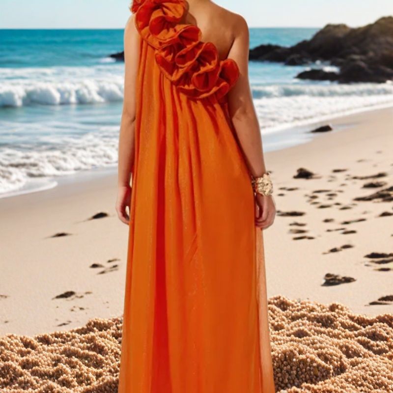 Women's Solid Color Off-Shoulder Draped Dress with 3D Floral Detail