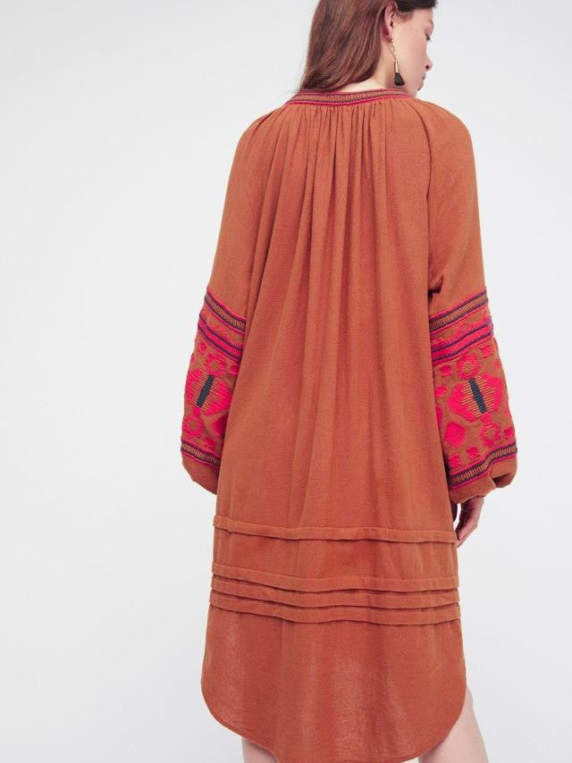 Bohemian Ethnic Embroidered Loose Front Button Dress