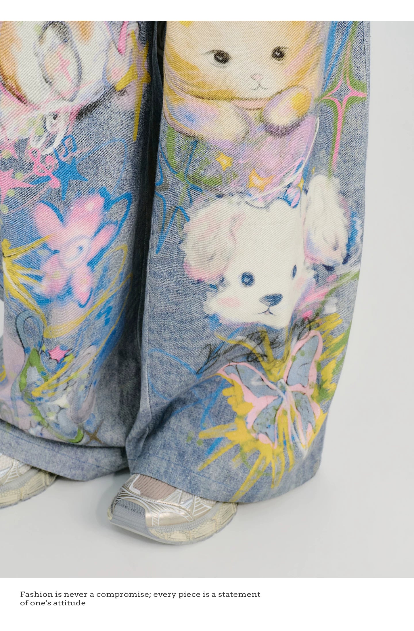 GirlyHao Vintage Tie-Dye Cartoon Print Wide Leg Jeans