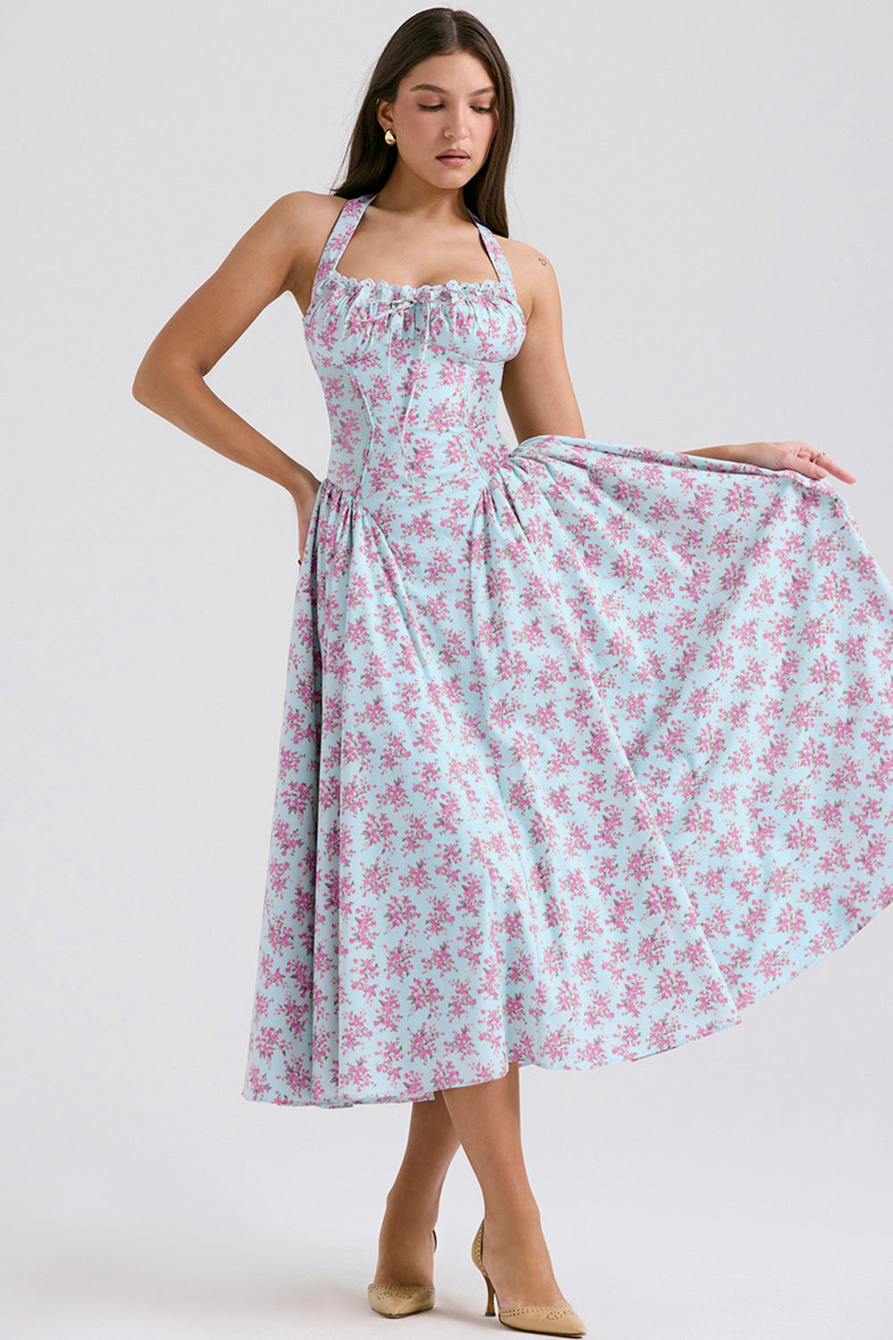 Women's Summer Floral Print Bodycon Halter Neck Maxi Dress