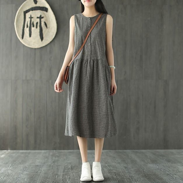 Vintage Sleeveless Linen Summer Midi Dresses-Dresses-Free Shipping at meselling99