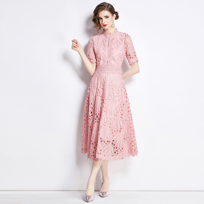 Vintage Embroidery Summer Pink Lace Dresses