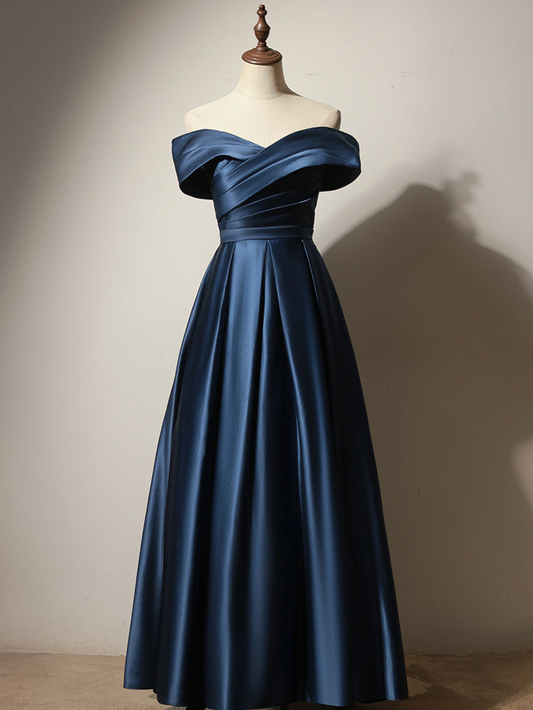 Blue Off-Shoulder Satin Evening Dress