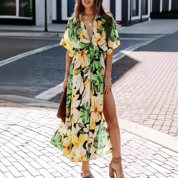 Women's Summer New Fashion Sexy High Waist Floral Print Slit Dress