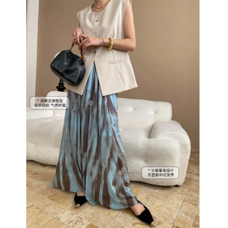 High-Waisted Long Hemline Skirt with Watercolor-Ink Drape
