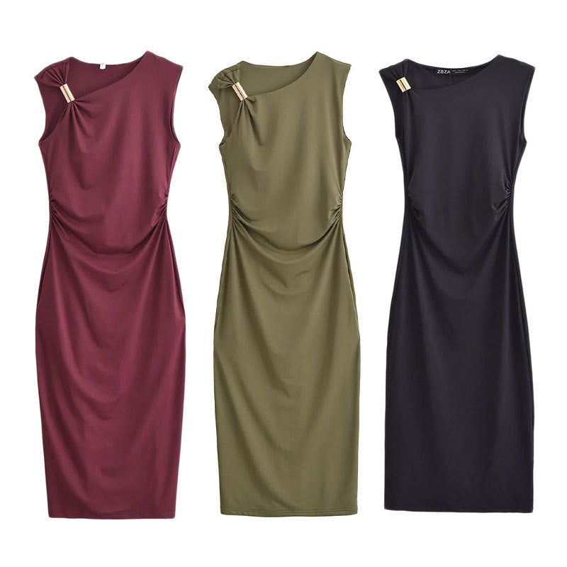 Gold Trim Asymmetrical Neckline Sleeveless Midi Dress