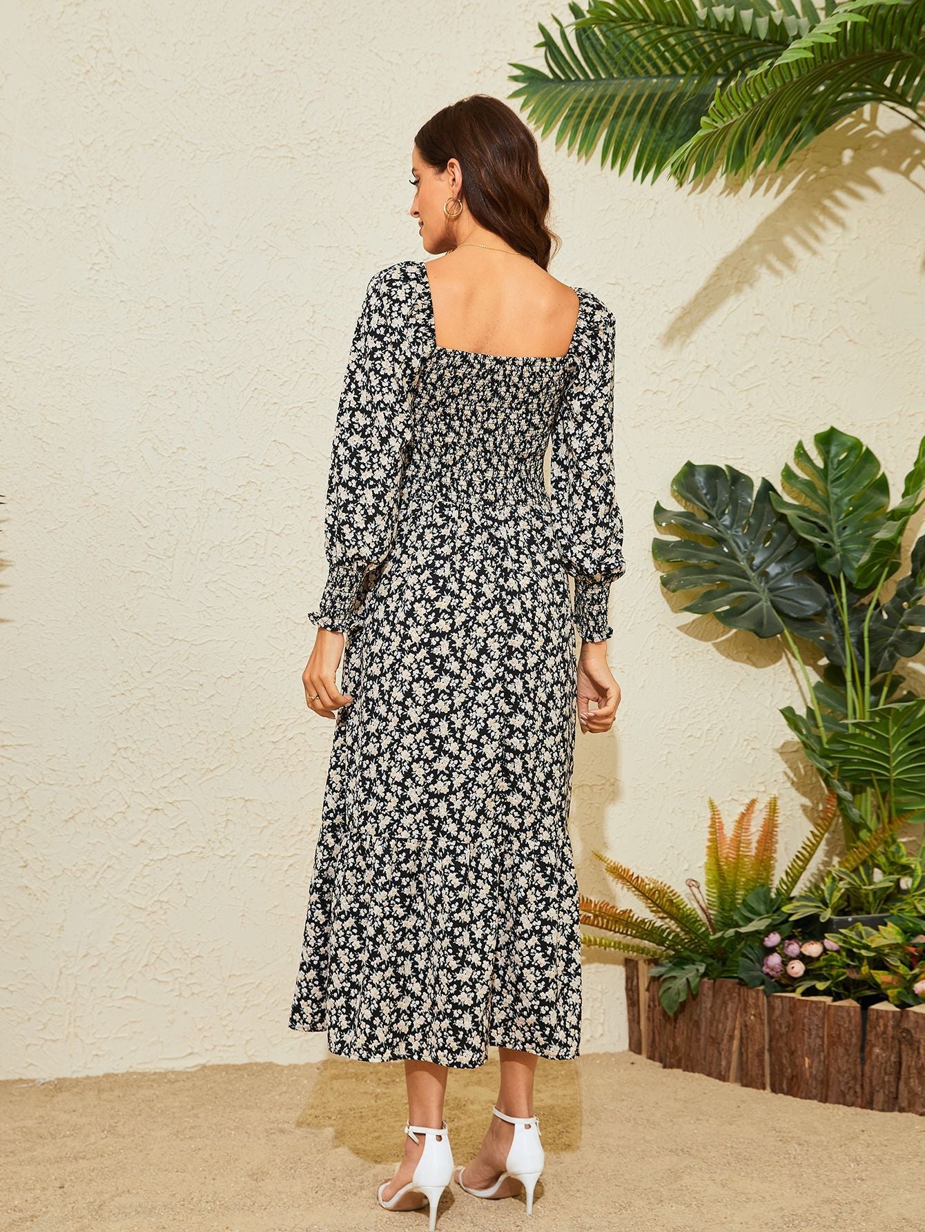 Women's Floral Print Square Neck Chiffon Dress