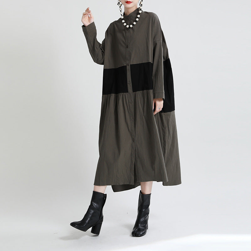 Casual Linen Contrast Color Loose Women Long Dresses-Army Green-One Size-Free Shipping at meselling99