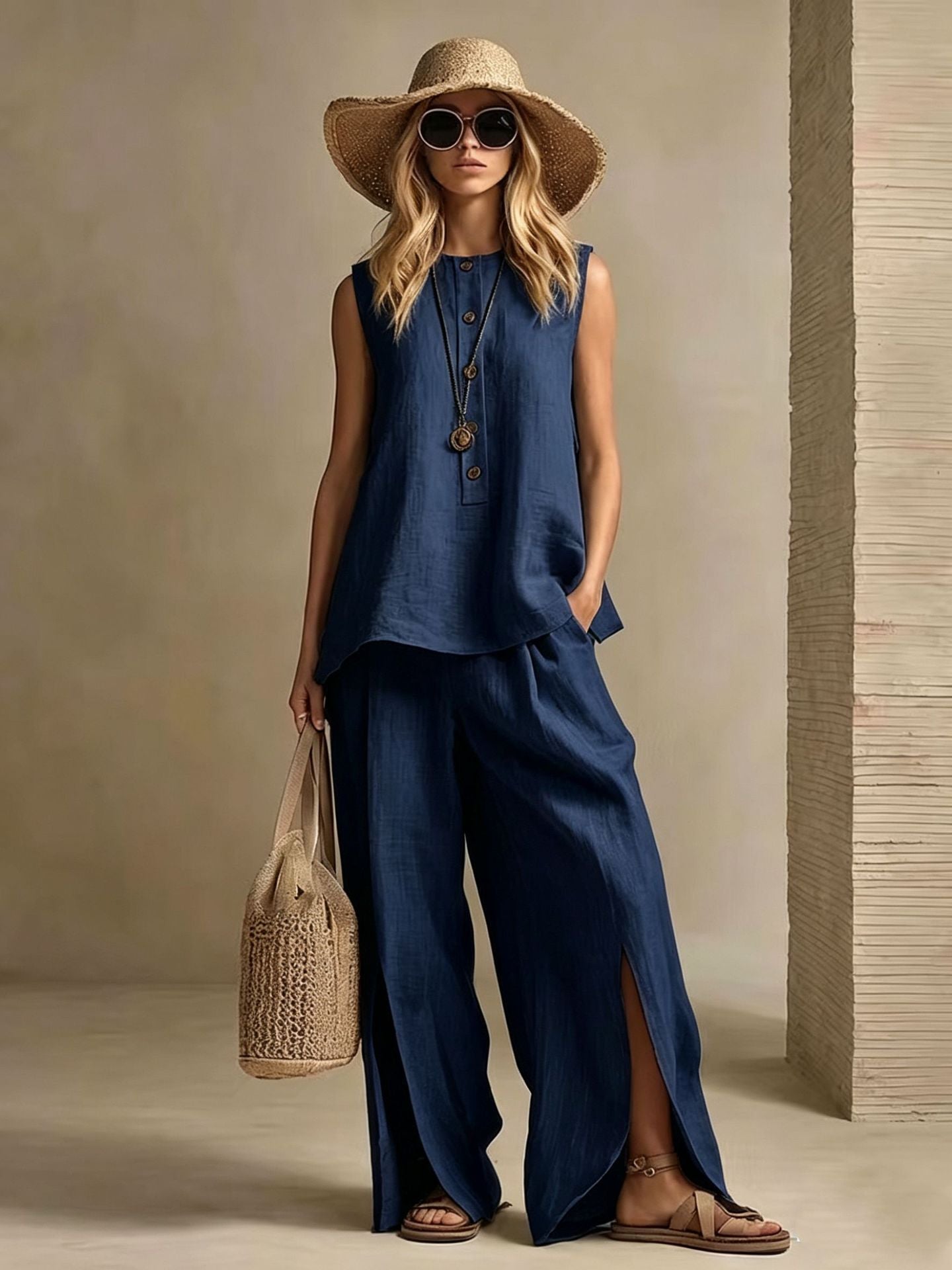 Women's Cotton Linen Sleeveless Two-Piece Set
