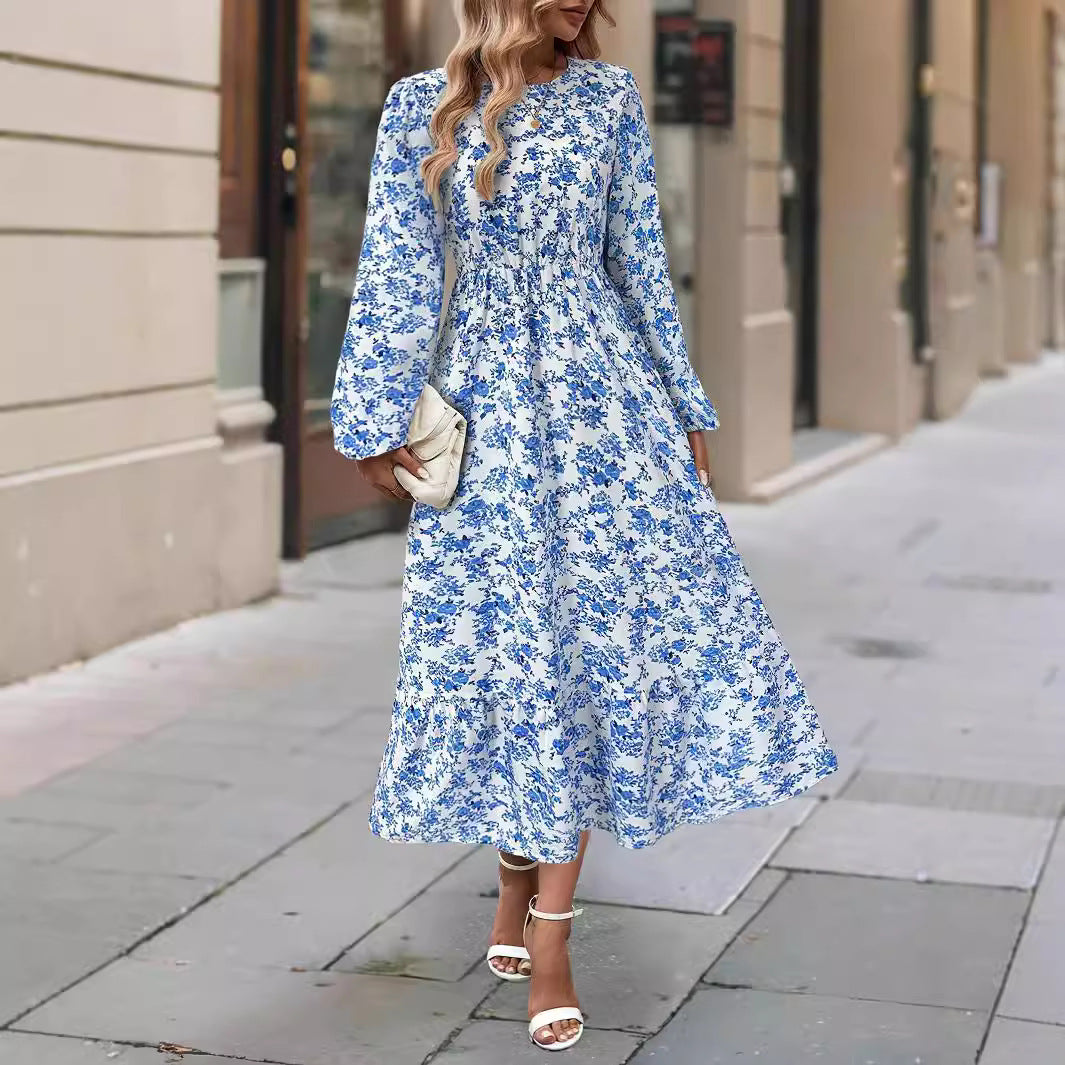 Floral Print Ruffle Hem Long Sleeve Dress