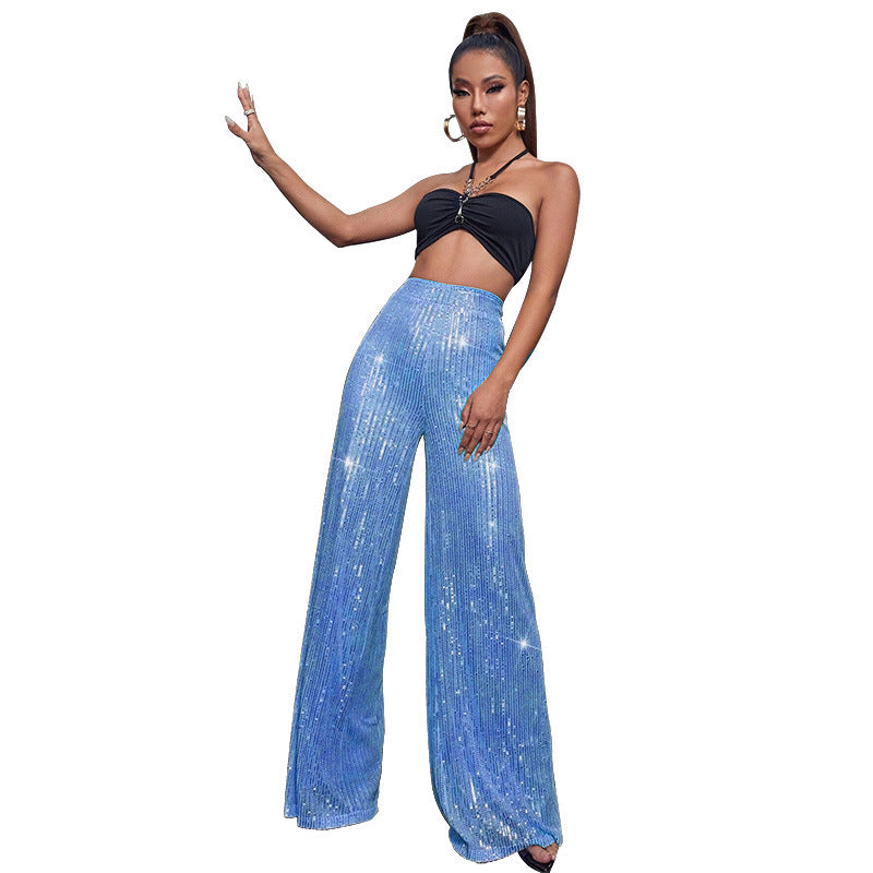 Fashion High Waist Sequin Summer Wide Legs Pants