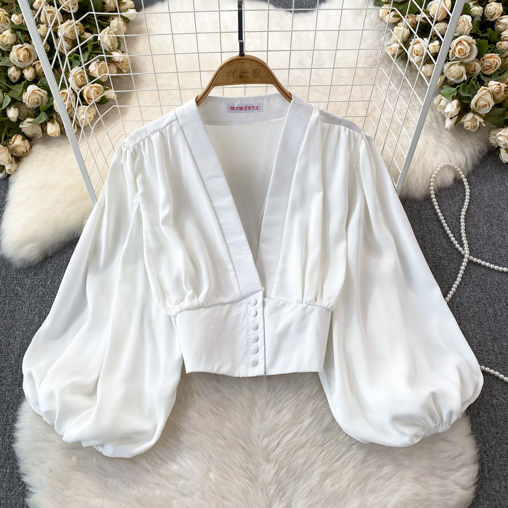 Women's Fashion V-Neck Lantern Sleeve Crop Top