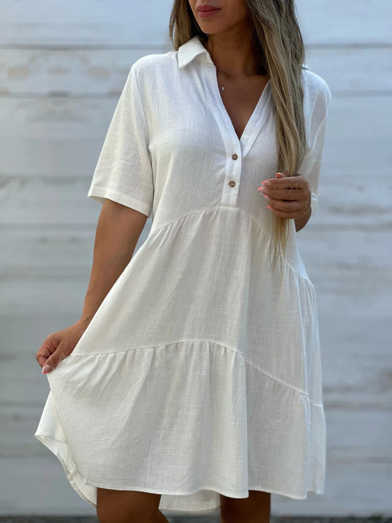 Women's Loose Fit Solid Color Lapel Casual Short Sleeve Linen Blend Dress